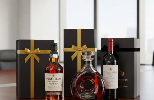 A professional arrangement of premium spirits including whisky, cognac, and wine, prepared for corporate gifting with elegant gift boxes on a boardroom table.