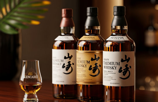 A premium collection of authentic Japanese whisky bottles and a tasting glass elegantly displayed on a dark wooden bar, representing a guide to buying in Malaysia.