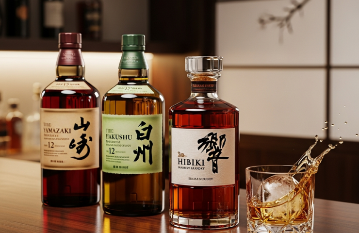 The three essential Japanese whisky bottles for a starter collection in Malaysia: Yamazaki 12, Hakushu 12, and Hibiki Harmony, displayed elegantly on a dark wood bar.