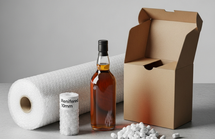 An organized arrangement of secure packaging materials, including a premium whisky bottle, reinforced bubble wrap, and a sturdy cardboard box, illustrating Mr. Chow's safe liquor delivery system.