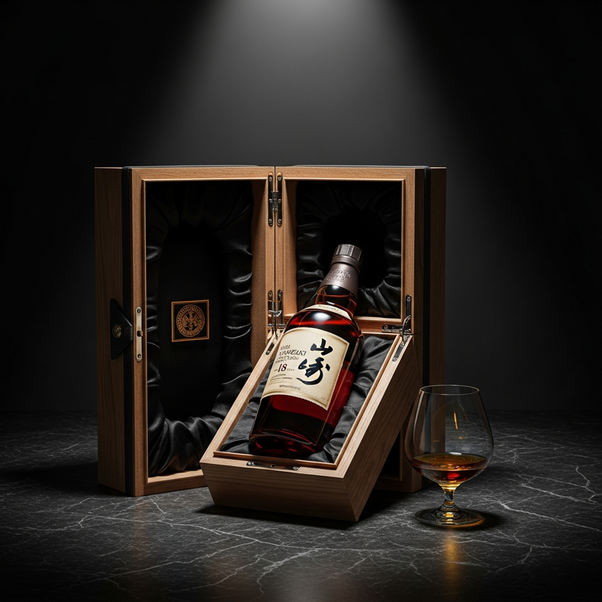 To visually represent the premium and ultra-premium collector's bottles, emphasizing their rarity, value, and investment potential, such as a Yamazaki 18 or Hibiki 21.