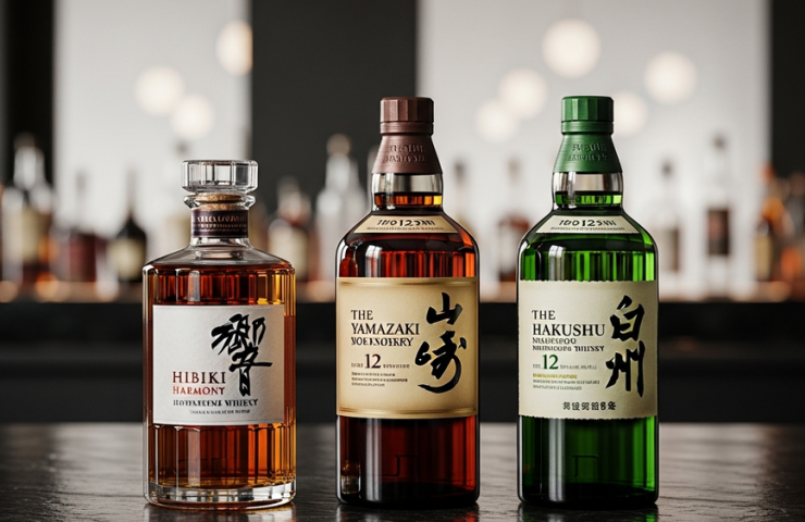 A premium lineup of three iconic Japanese whisky bottles—Hibiki Harmony, Yamazaki 12, and Hakushu 12—on a dark slate bar for a Malaysian buyer's guide.