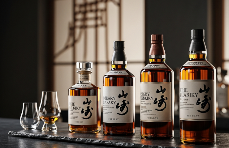 A sophisticated lineup of four Japanese whisky bottles, from entry-level to premium, arranged on a dark bar counter to represent the Malaysian price guide.